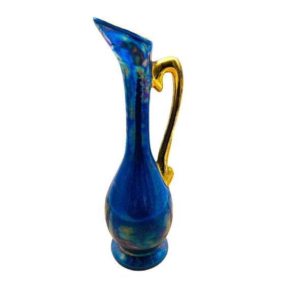 Vintage F.W. Woolworth Co. Iridescent Blue Gold Miniature Pitcher Jug Vase 7.25” - Picture 1 of 6